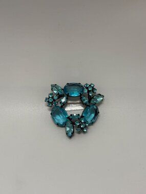 Black/Blue Vintage 1960s Mid Century Signed Joseph Warner Rhinestone Japanned Br